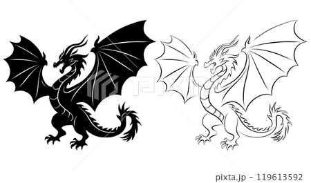 Vector set of wyvern silhouette clip art. Collection of black silhouette and outline angry dragon with wings. Mythological fairy tale monster Vector set of wyvern silhouette clip art. Collection of black silhouette and outline angry dragon with wings. Mythological fairy tale monster 119613592