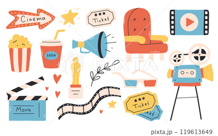 Set of cinema elements. Vector illustration. Flat style. Collection of objects for cinema. Set of cinema elements. Vector illustration. Flat style. Collection of objects for cinema. 119613649
