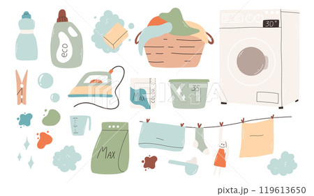 Set of elements for washing. Laundry collection. Vector illustration. Powder, washing machine, clothespin. Set of elements for washing. Laundry collection. Vector illustration. Powder, washing machine, clothespin. 119613650