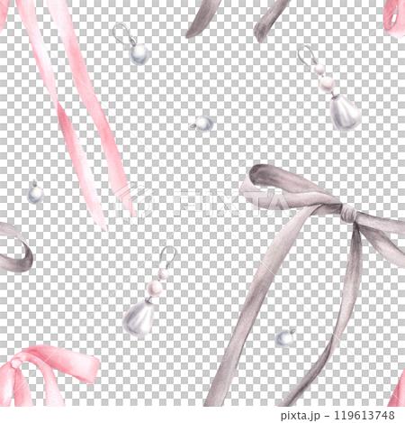 Watercolor bows, ribbons and pearl earrings seamless pattern. Girly romantic, coquette style fabric. Girl cute pink grey accessories. Wallpaper package hand drawn illustration Isolated from background Watercolor bows, ribbons and pearl earrings seamless pattern. Girly romantic, coquette style fabric. Girl cute pink grey accessories. Wallpaper package hand drawn illustration Isolated from background 119613748