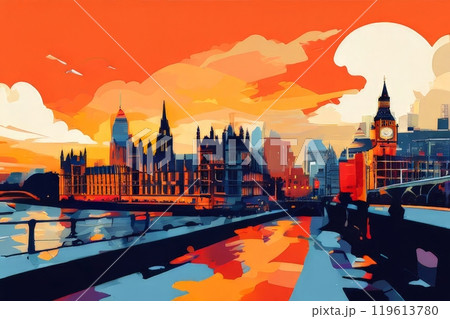 a painting of Sunset skyline of Big Ben abd Houses of Parliament in London a painting of Sunset skyline of Big Ben abd Houses of Parliament in London 119613780