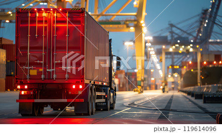 Truck trailer on the pier in the cargo port terminal with cranes and containers. AI Generated 119614096