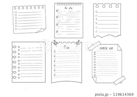 Set To do check list page doodle blank. Reminder, memo note hand drawn isolated on white. Pencil planner, notepad, sheet. Set To do check list page doodle blank. Reminder, memo note hand drawn isolated on white. Pencil planner, notepad, sheet. 119614369