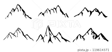 Mountain ridge, snowy peak, line wild nature. Hand drawn landscape, map line contour. Rocky mountains landscape design, icon. 119614371