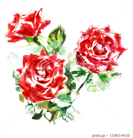 Scent of red roses with green leaves in watercolor. It is hand-drawn on the card background in bright juicy strokes of bright red, scarlet color. The rose petals are open. Elegant rosebuds collect and Scent of red roses with green leaves in watercolor. It is hand-drawn on the card background in bright juicy strokes of bright red, scarlet color. The rose petals are open. Elegant rosebuds collect and 119614420
