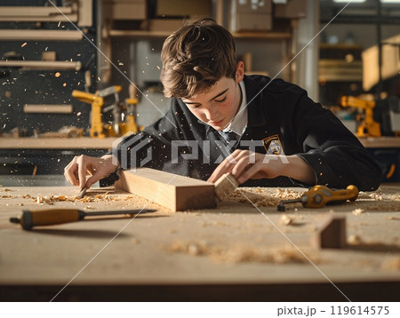 Student learning about wood in carpenter class 119614575