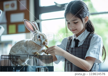Student feeding rabbit at the school Student feeding rabbit at the school 119614576