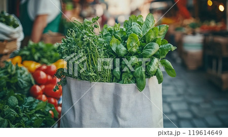 Bio green plants fruits and vegetables with copy space 119614649