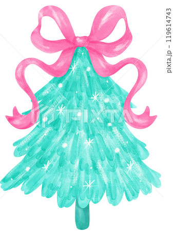 Coquette Christmas Tree with bow and star pink and mint green  watercolor Coquette Christmas Tree with bow and star pink and mint green  watercolor 119614743