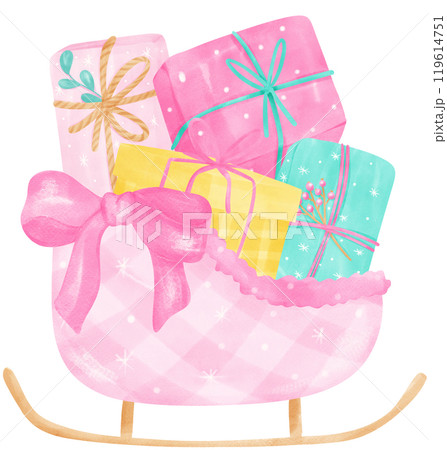 Colorful Presents in a Pink Sleigh Illustration Preppy Christmas 119614751
