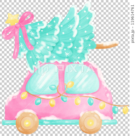 Preppy Christmas Tree on Pink Car Illustration Preppy Christmas Tree on Pink Car Illustration 119614761