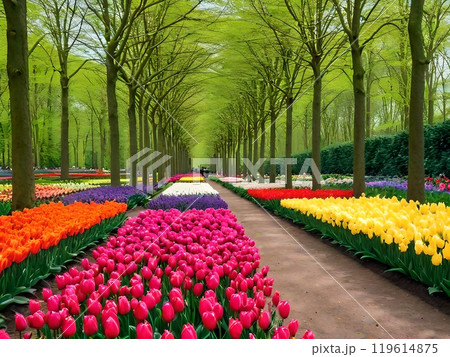 色とりどりの花に囲まれたヨーロッパの公園 119614875