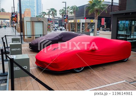 Dubai, United Arab Emirates - September 27, 2024 Ferrari and Lamborghini cars near the office of BENO Luxury Car Rental Dubai. Editorial 119614981