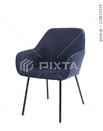 Comfortable blue armchair on white background. Interior element. Blue velor armchair on stable wooden legs. Suede seat for an interior of cafe, restaurants and dining room interior. Cozy and elegant 119615019