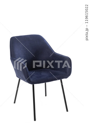 Comfortable blue armchair on white background. Interior element. Blue velor armchair on stable wooden legs. Suede seat for an interior of cafe, restaurants and dining room interior. Cozy and elegant Comfortable blue armchair on white background. Interior element. Blue velor armchair on stable wooden legs. Suede seat for an interior of cafe, restaurants and dining room interior. Cozy and elegant 119615022