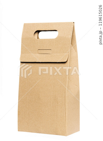 Paper food box packaging mockups brown color. Blank craft folding bag mockup, side view. Carton bottle package with handle for carrier mockup isolated. Clear disposable paperboard holder Paper food box packaging mockups brown color. Blank craft folding bag mockup, side view. Carton bottle package with handle for carrier mockup isolated. Clear disposable paperboard holder 119615026