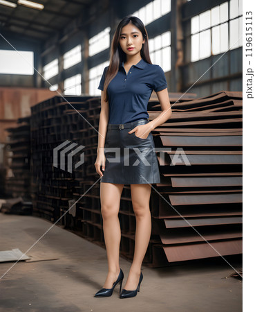 A female salesperson stands in front of a pile of rusted metal inside a warehouse. A female salesperson stands in front of a pile of rusted metal inside a warehouse. 119615113