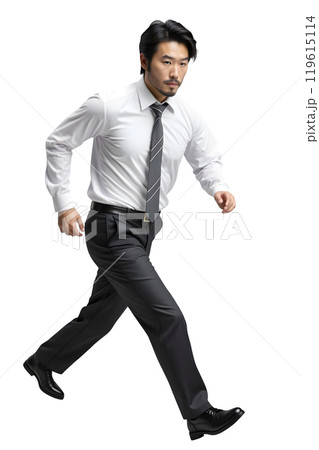 A male employee is in a running pose isolated on a transparent background. A male employee is in a running pose isolated on a transparent background. 119615114