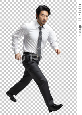 A male employee is in a running pose isolated on a transparent background. A male employee is in a running pose isolated on a transparent background. 119615114