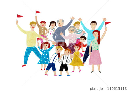 手描きイラスト 笑顔で手を振る子供と大人 手描きイラスト 笑顔で手を振る子供と大人 119615118