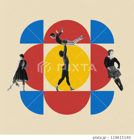 Contemporary art collage. Dancers stand against grid of colorful geometric shapes, their movements highlighting harmony. Contemporary art collage. Dancers stand against grid of colorful geometric shapes, their movements highlighting harmony. 119615140