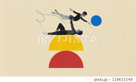 Contemporary art collage. Dancers perform aerial lift, their bodies intertwined and surrounded by abstract shapes, Contemporary art collage. Dancers perform aerial lift, their bodies intertwined and surrounded by abstract shapes, 119615149