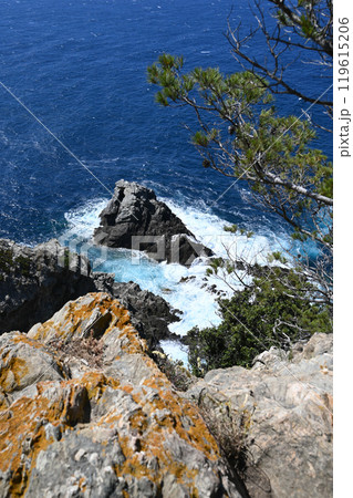 Sunny day on wild coast Porquerolles Island, Bluff and sea, France Sunny day on wild coast Porquerolles Island, Bluff and sea, France 119615206
