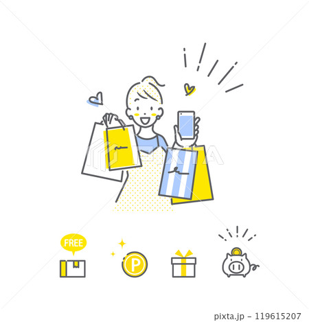 買い物を楽しむ若い女性 シンプルでお洒落な線画イラスト 買い物を楽しむ若い女性 シンプルでお洒落な線画イラスト 119615207