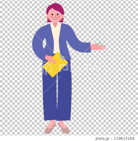 パンツスーツを着てパンプスを履いた女性がバインダー（書類）を持って案内している全身のイラスト 119615268