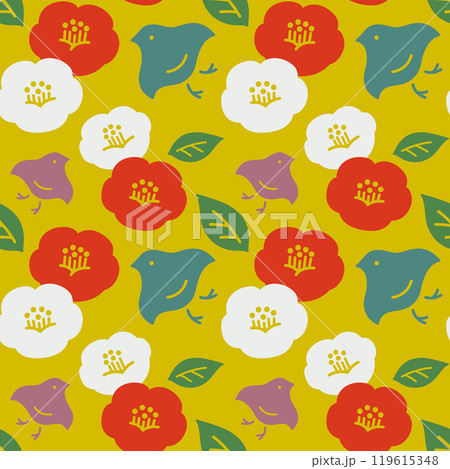 吉祥文様・和柄：シンプルでかわいいアレンジを加えた椿と千鳥シームレスパターン 119615348