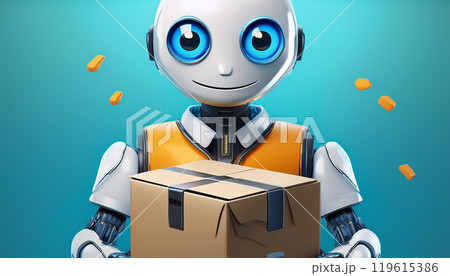 Cute robot delivering packages, For marketplaces, Delivery service concept style. AI Generated. Cute robot delivering packages, For marketplaces, Delivery service concept style. AI Generated. 119615386