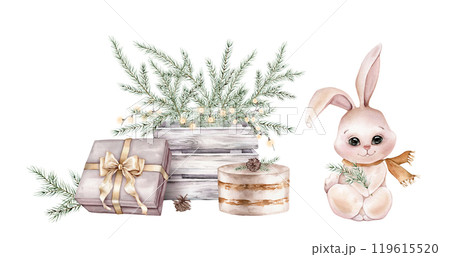Watercolor Christmas cute winter hare with New Year's garland, tree branch in wooden box and gift box with golden bow. Hand painted fir-needle and cake with pine cone illustration on isolated. Watercolor Christmas cute winter hare with New Year's garland, tree branch in wooden box and gift box with golden bow. Hand painted fir-needle and cake with pine cone illustration on isolated. 119615520
