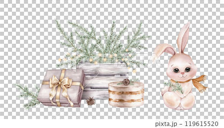 Watercolor Christmas cute winter hare with New Year's garland, tree branch in wooden box and gift box with golden bow. Hand painted fir-needle and cake with pine cone illustration on isolated. Watercolor Christmas cute winter hare with New Year's garland, tree branch in wooden box and gift box with golden bow. Hand painted fir-needle and cake with pine cone illustration on isolated. 119615520