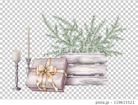 Watercolor Christmas tree branch in wooden box of white gray with fir needle and gift . Hand painted illustration with candles on isolated background. Freehand drawing for Christmas and new year 119615521