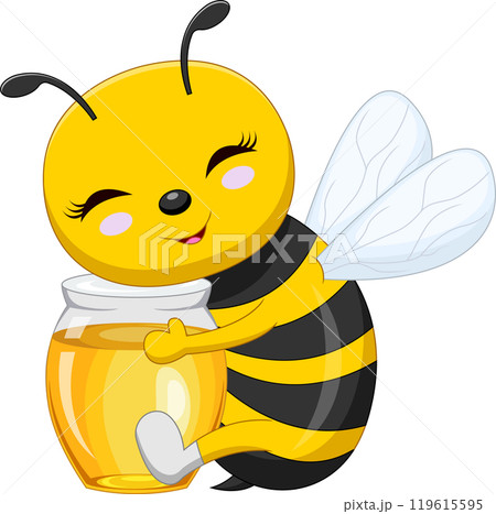 cartoon cute bee hugging honey in glass jar 119615595