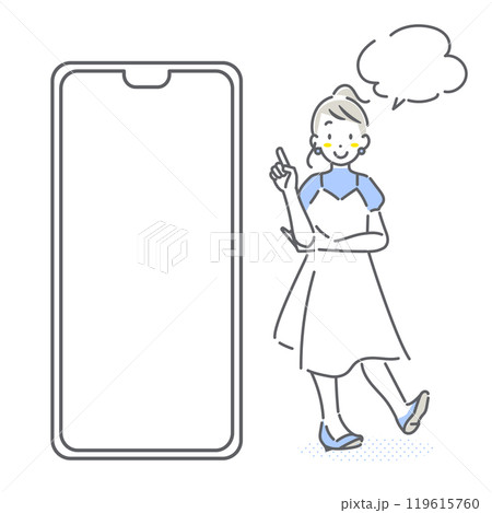 スマホの画面を指さす若い女性　シンプルでお洒落な線画イラスト 119615760