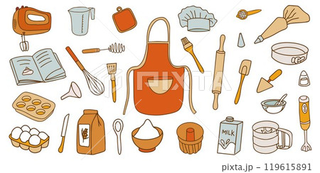 Colorful Collection of Baking Accessories. Set of Kitchen Accessories for Cooking in Doodle Style on White Background. Vector 119615891