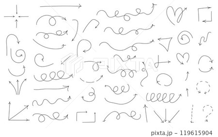 Isolated vector arrows, hand drawn on a white background. Straight, curved, circular, multidirectional arrows Isolated vector arrows, hand drawn on a white background. Straight, curved, circular, multidirectional arrows 119615904