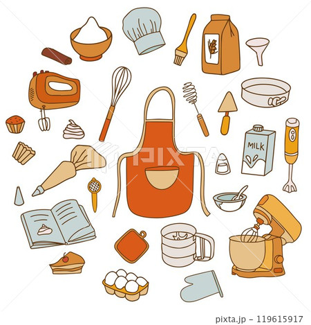 Colorful Collection of Baking Accessories. Set of Kitchen Accessories for Cooking in Doodle Style on White Background. Vector Colorful Collection of Baking Accessories. Set of Kitchen Accessories for Cooking in Doodle Style on White Background. Vector 119615917