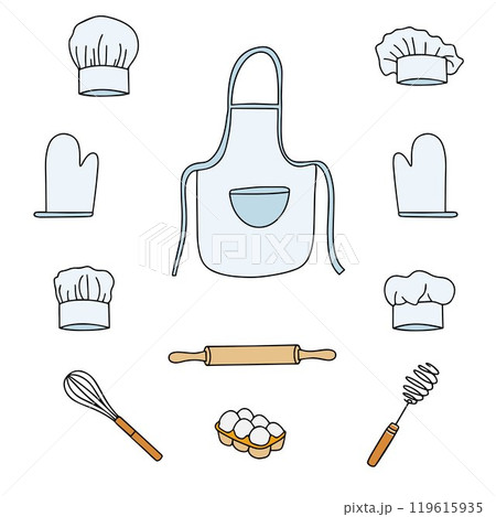 Colorful collection of baking accessories. Set of kitchen utensils and cooking clothes in doodle style on white background. Vector. Colorful collection of baking accessories. Set of kitchen utensils and cooking clothes in doodle style on white background. Vector. 119615935