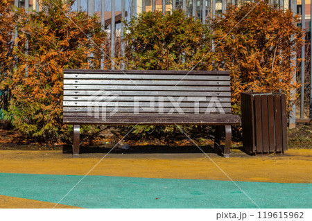 Empty wooden bench on a sunny day. Cozy wooden bench on a colorful sidewalk in a quiet residential area surrounded by trees and bushes, offering a peaceful rest in the city. 119615962