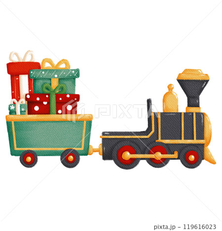 Retro Christmas train chugging along with vintage charm and holiday presents, perfect for nostalgic holiday decor. 119616023