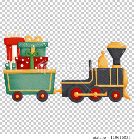 Retro Christmas train chugging along with vintage charm and holiday presents, perfect for nostalgic holiday decor. 119616023