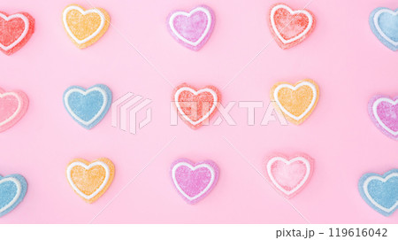 Colorfully heart jelly on a pink background. 119616042