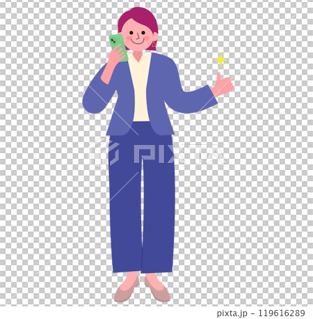 身穿褲裝、腳踩高跟鞋的女士在用智慧型手機通話時豎起大拇指的全身插圖 119616289