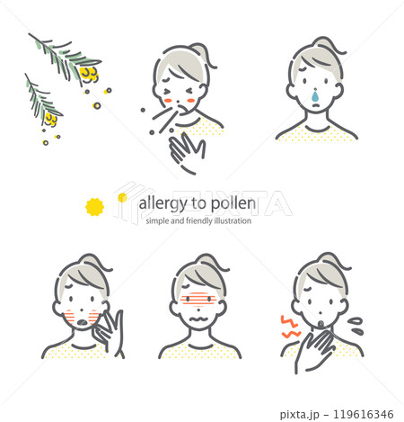 花粉症の症状がつらい若い女性　シンプルでお洒落な線画イラスト 119616346