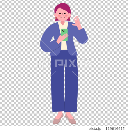 一名身穿褲裝、腳踩高跟鞋的女性在用智慧型手機進行視訊通話時揮手的全身插圖 119616615