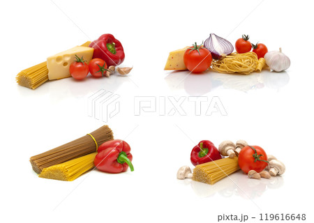 vegetables, cheese and spaghetti on a white background vegetables, cheese and spaghetti on a white background 119616648