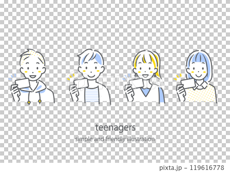 一個簡單而時尚的線條畫插圖，一個青少年微笑著展示一張卡片 119616778