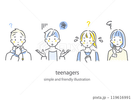 困る10代の学生たち シンプルでお洒落な線画イラスト 困る10代の学生たち シンプルでお洒落な線画イラスト 119616991
